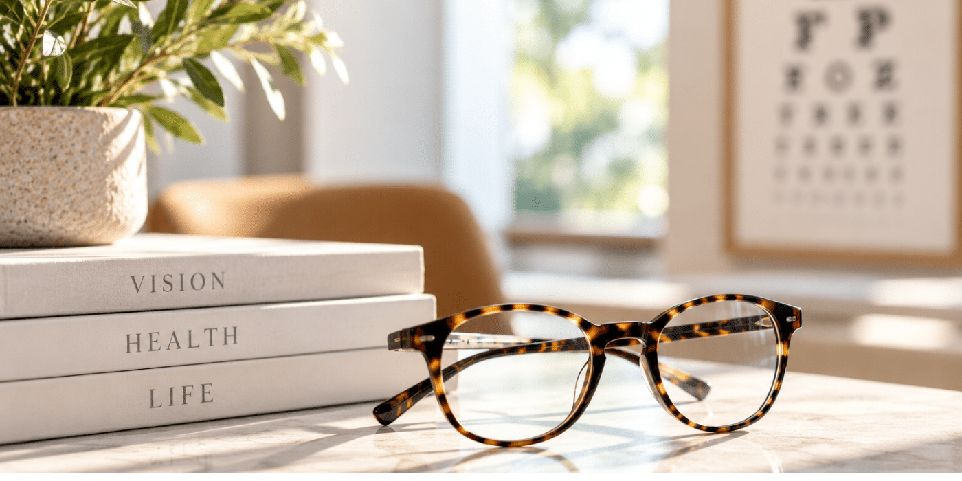 a pair of eye glasses on a desk